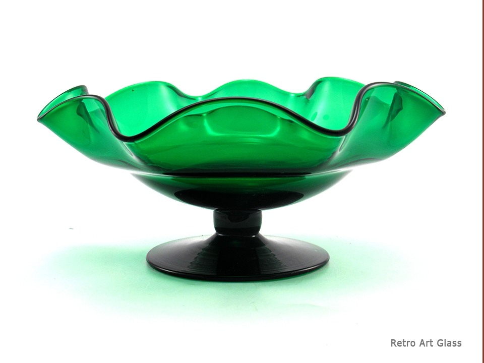 Blenko Art Glass Emerald Footed Low Bowl Centerpiece