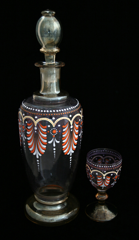 Antique Enameled Glass Decanter and Goblet Signed L. - Image 4