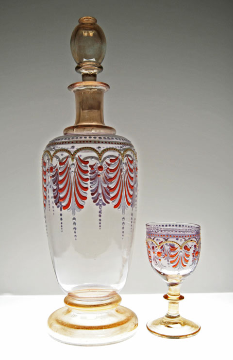 Antique Enameled Glass Decanter and Goblet Signed L.