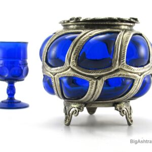 Antique Caged Glass Vase Ashtray Bowl Handmade Cobalt Blue