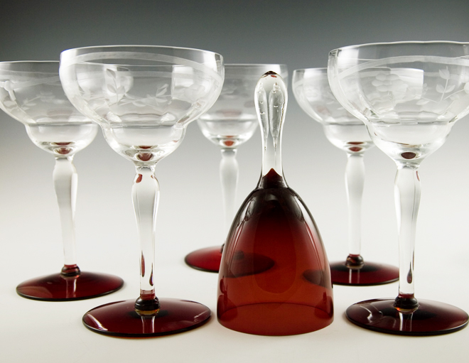 Antique Crystal & Ruby Etched Stemware and Service Bell