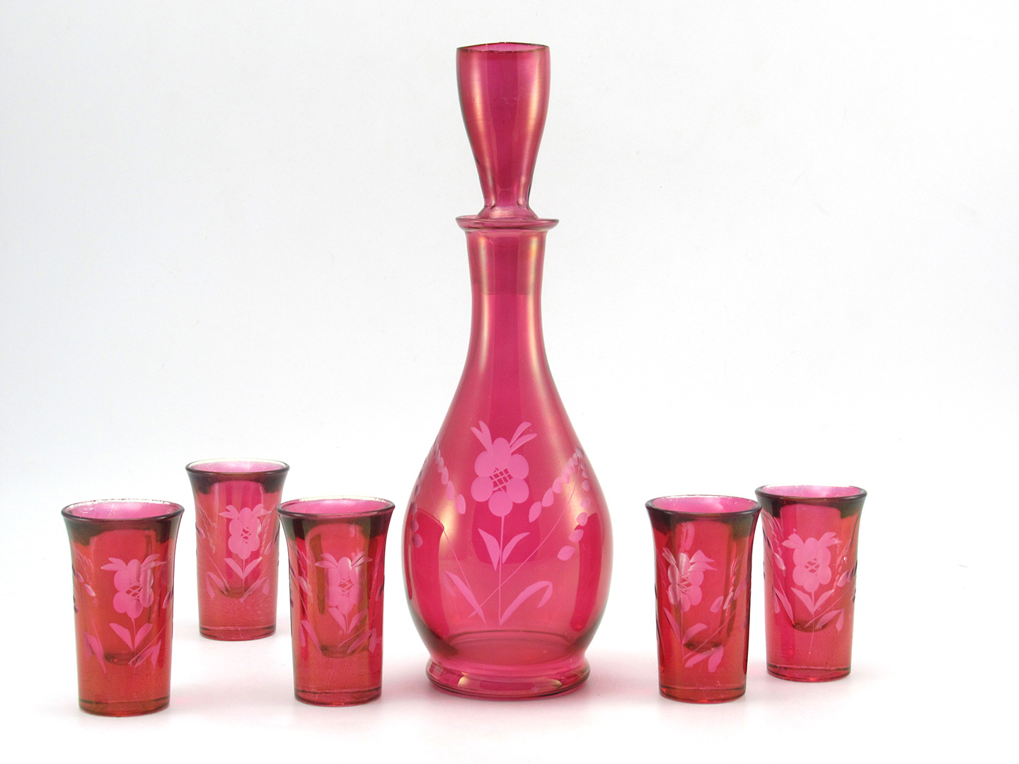 Art Deco Glass Decanter with Jigger Stopper and 5 Shot Glasses - Image 5