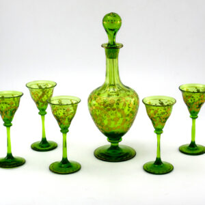 Antique Emerald Decanter and Goblets Engraved Gold Filled