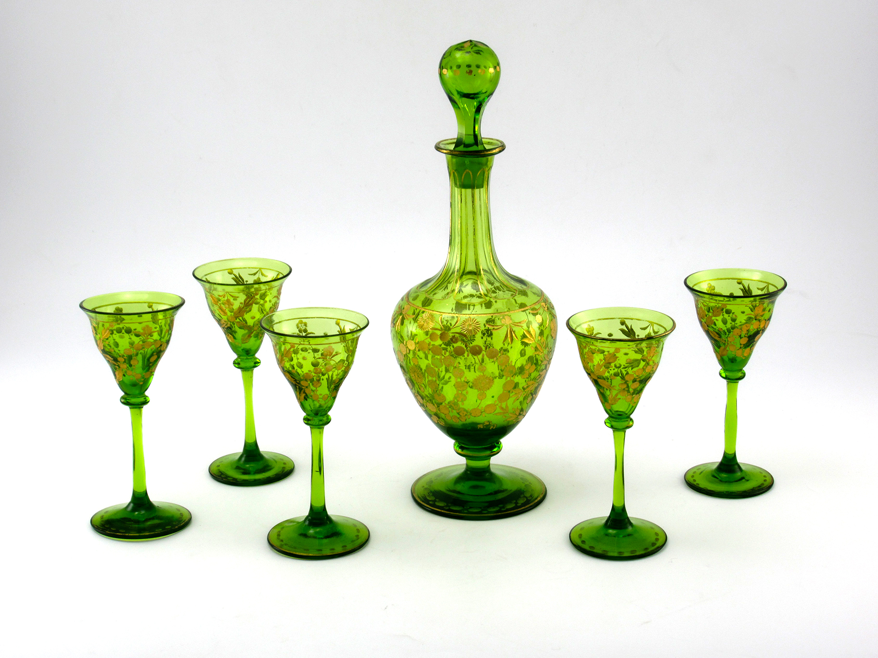 Antique Emerald Decanter and Goblets Engraved Gold Filled