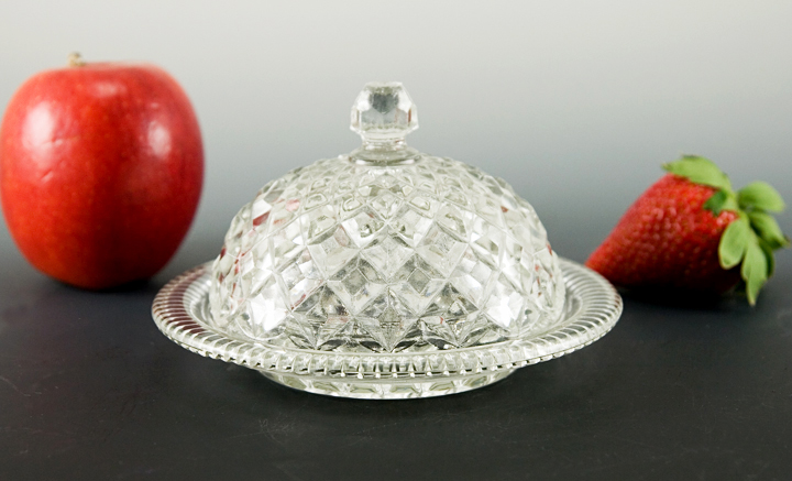 Antique Flint Glass Diamond Block Covered Butter Dish