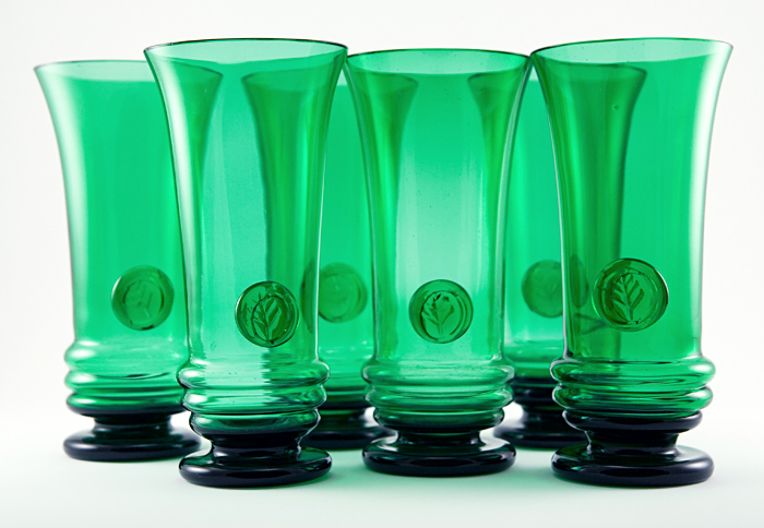 Antique Hand Blown Colored Crystal Tall Goblet Set with Seals