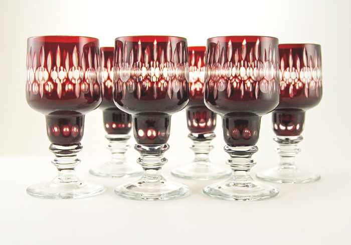 Antique Hand-Made Ruby Crystal Cut to Clear Goblet Set