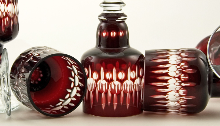 Antique Hand-Made Ruby Crystal Cut to Clear Goblet Set - Image 3