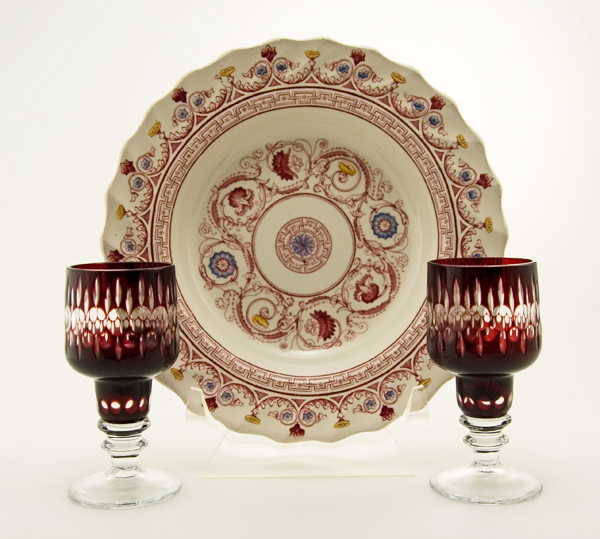 Antique Hand-Made Ruby Crystal Cut to Clear Goblet Set - Image 2