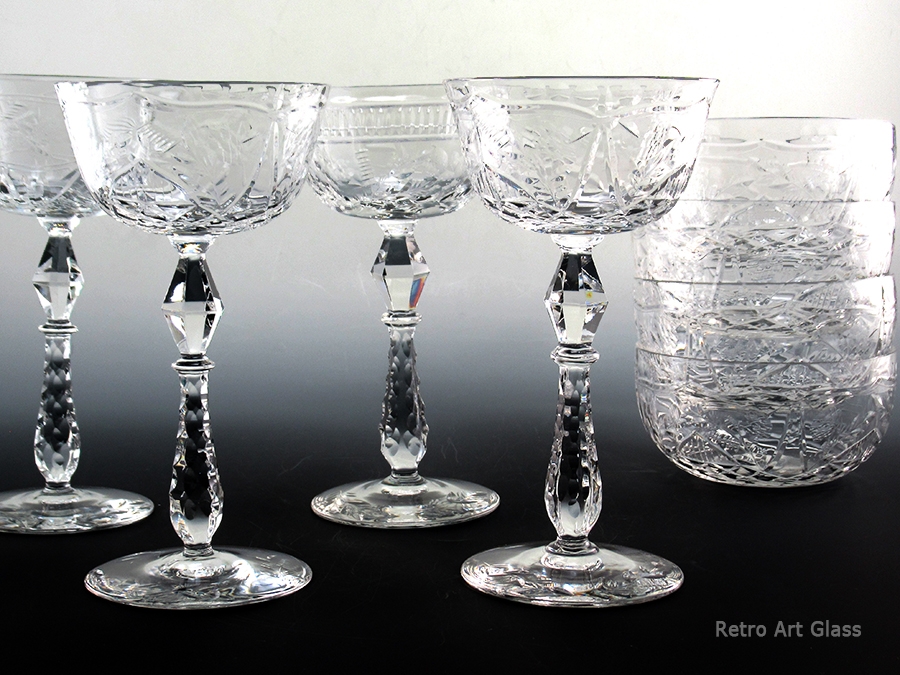 Antique Libbey Rock Sharpe Cut Crystal Set Stemware and Bowls 1008