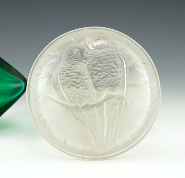 Antique Satin Glass Powder Box with Lovebirds