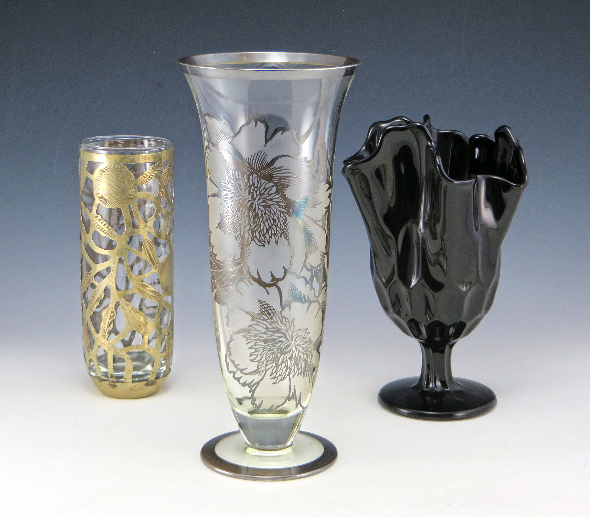 Vintage Cambridge Sterling Silver on Crystal Vase Peony Pattern