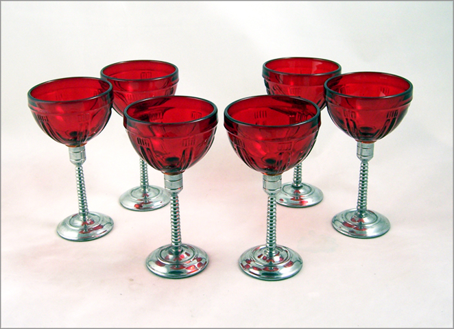 Art Deco Ruby & Chrome Wine Glass Set