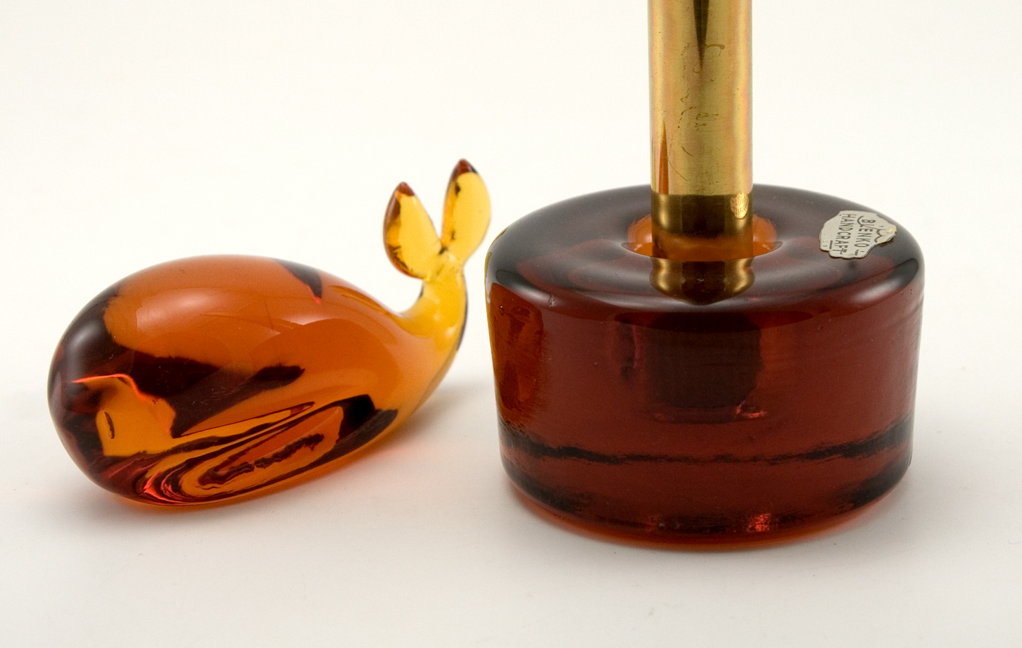 Blenko Glass Candlestick Holder with Foil Hand Sticker - Image 2