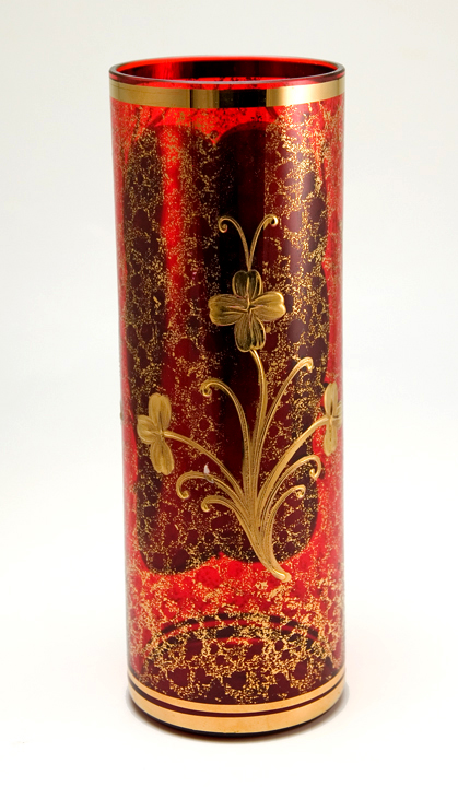 Blown Ruby Glass Cylinder Vase with Gold and Raised Enamel - Image 4