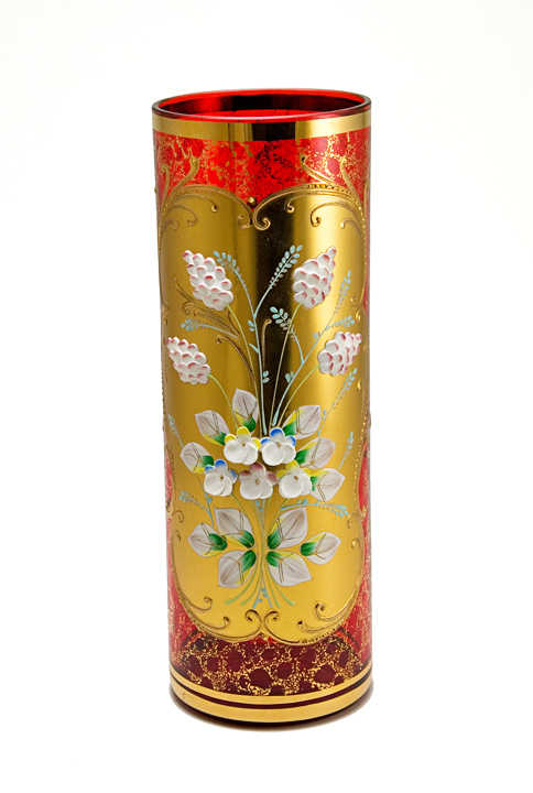 Blown Ruby Glass Cylinder Vase with Gold and Raised Enamel