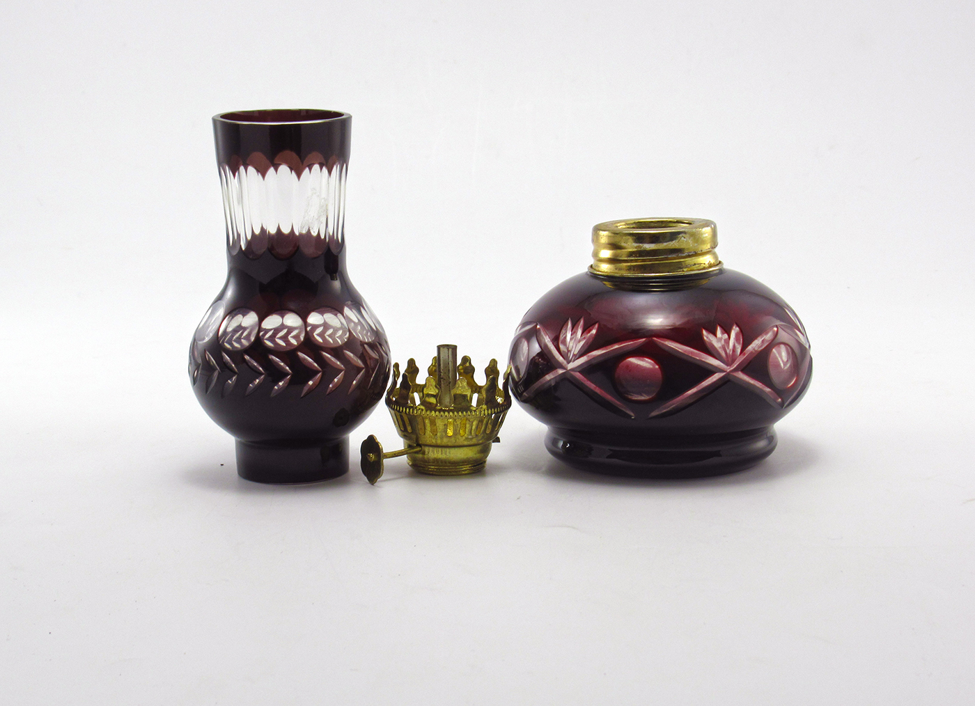 Bohemian Glass Oil Lamp Ruby Cut to Clear - Image 2