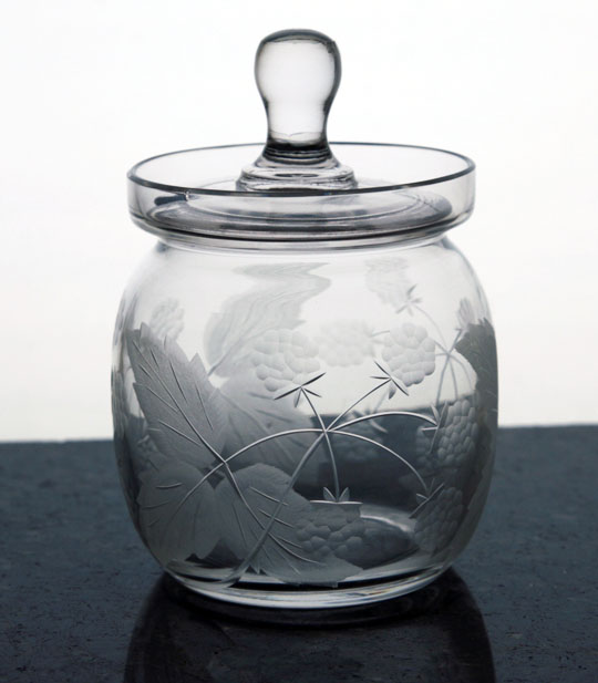 Elegant Cambridge Glass Mustard Jar Blackberry Etch