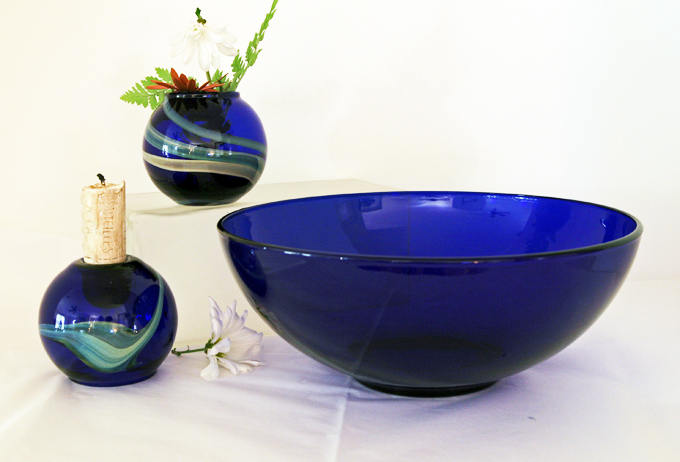 Cobalt Blue Art Glass Bowl & Candle Vases