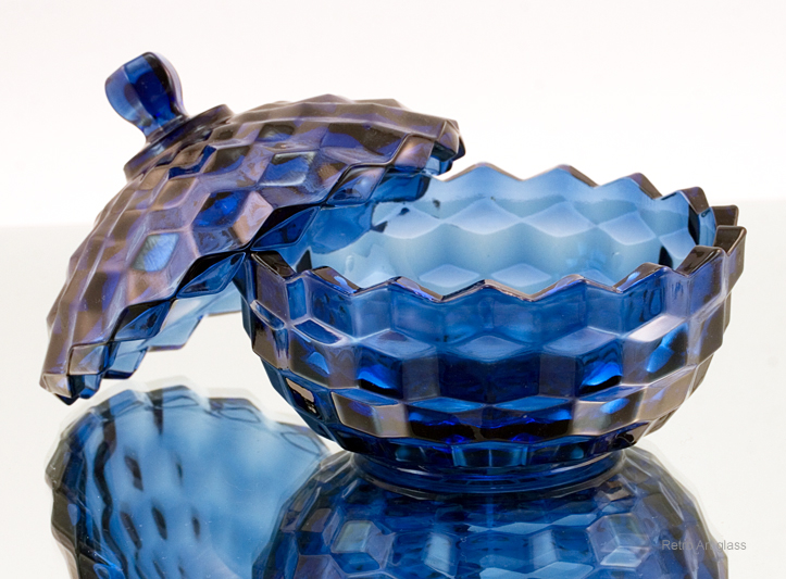 Cobalt Blue Glass Vintage Cubist Pattern Covered Jar - Image 3