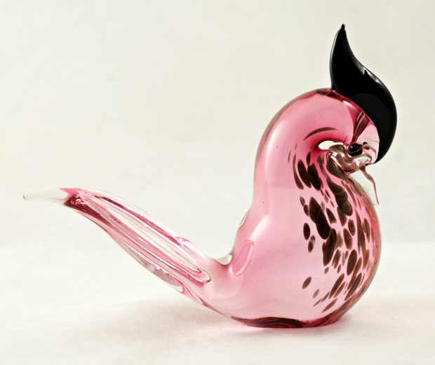 Cranberry Glass with Copper Bird Figurine
