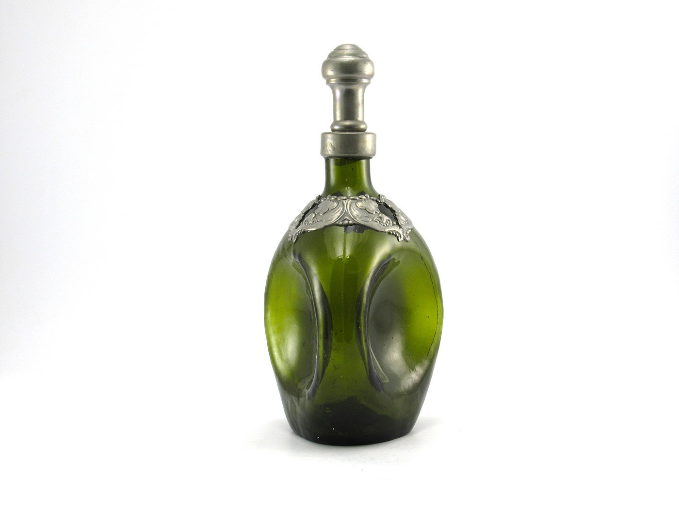 Danish Glass Decanter Old World Style with Pewter Collar