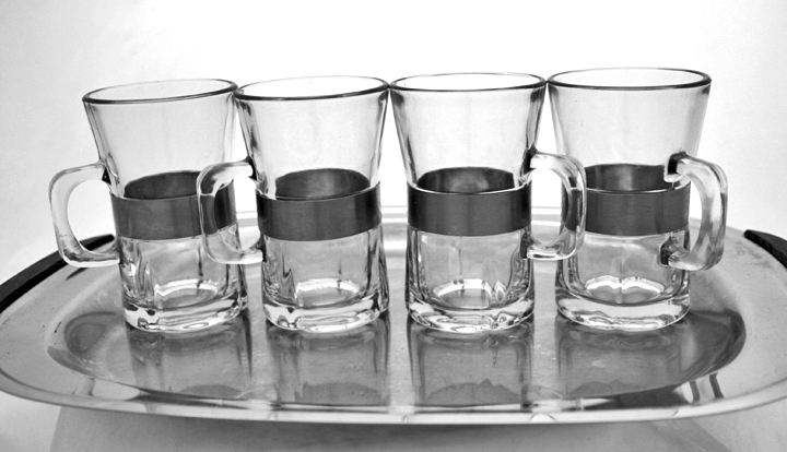 Danish Modern Glass and Brushed Metal Mug Set - Image 3