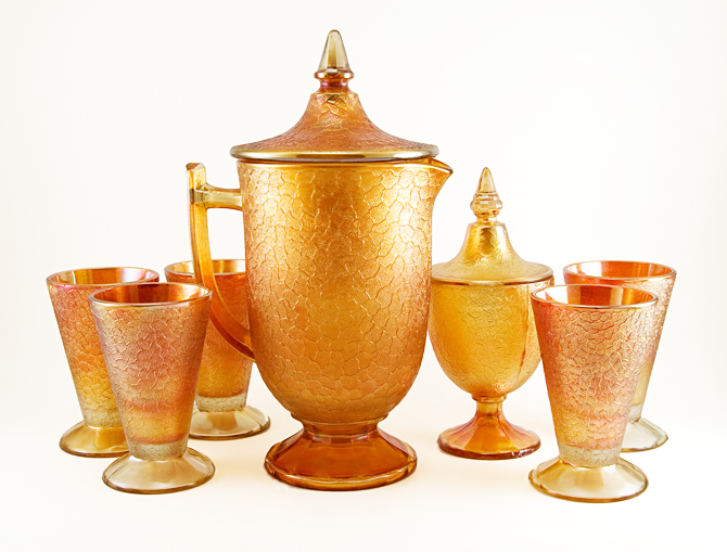 Depression Glass Beverage Set in Marigold Craquelle by Imperial