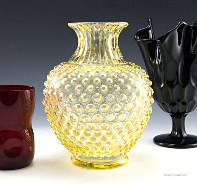Antique Glass Sweet Pea Vase in Canary Hobnail