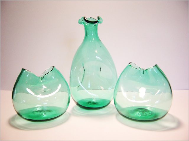 Early Sea Green Glass Blenko Pinch Glass Set