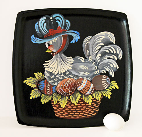 Easter Toleware Tray Hand Painted with Victorian Hen on Eggs