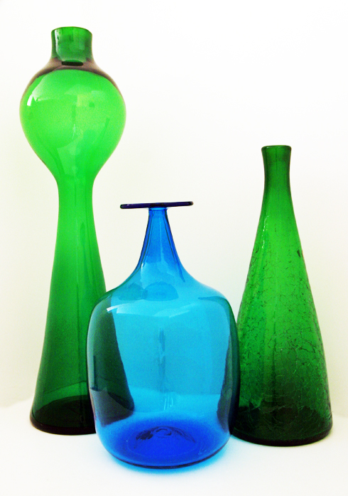 Emerald Green Blenko Glass Bottle Vase With Foil Sticker - Image 2