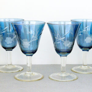 Etched Blue Lustre Glass Antique Wine Stem Set of 6