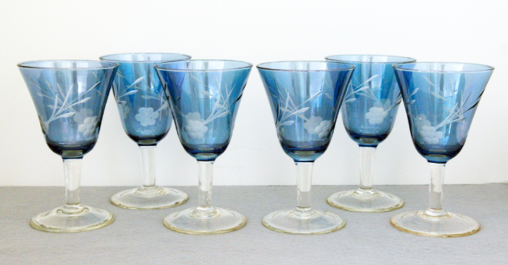 Etched Blue Lustre Glass Antique Wine Stem Set of 6