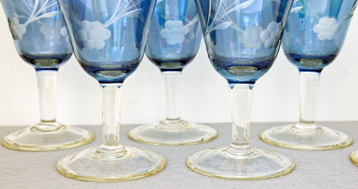 Etched Blue Lustre Glass Antique Wine Stem Set of 6 - Image 3