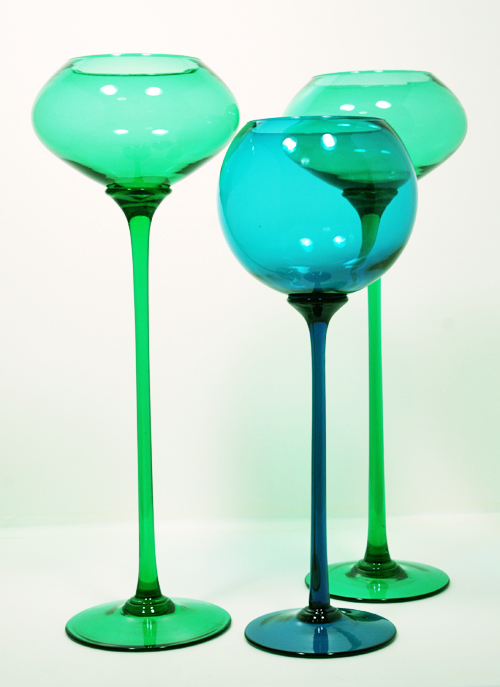 Extreme Tall Atomic Era Art Glass Hand-Blown Saucer Goblet Vase Set - Image 2