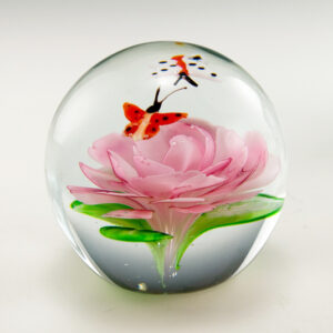 Flower And Butterfly Art Glass Paperweight With Brass Stand