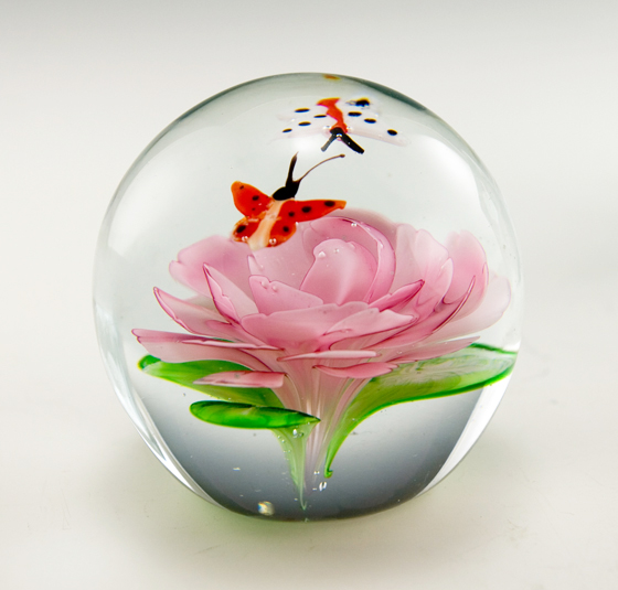 Flower And Butterfly Art Glass Paperweight With Brass Stand