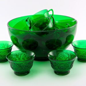 Retro Party Punch Bowl Beverage Set in Forest Green Glass