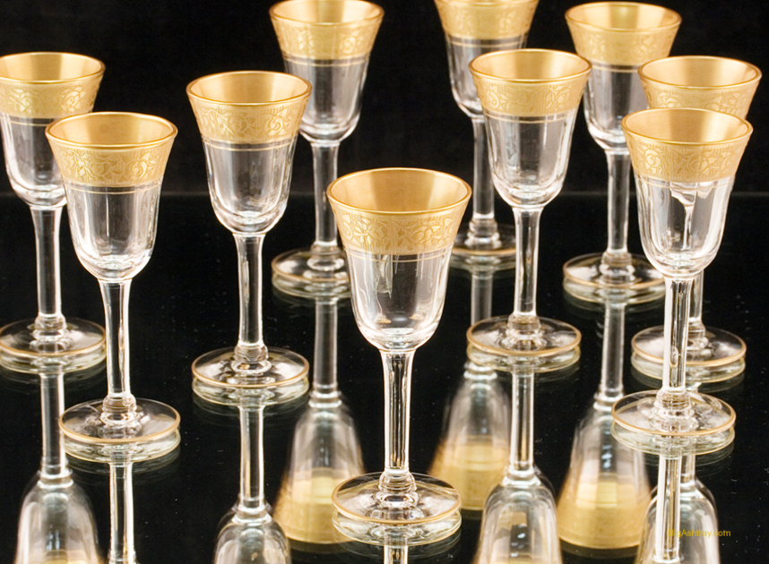 Gold Encrusted Crystal Stemware Set of 10 Rambler Rose by Tiffin 1930s