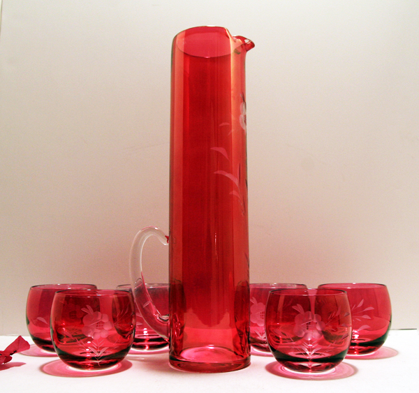 Gold Ruby Glass Art Deco Beverage Set
