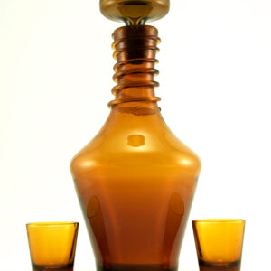 Golden Brown Amber Blown Glass Decanter with Matching Whiskey Shots