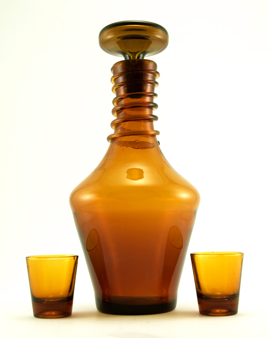 Golden Brown Amber Blown Glass Decanter with Matching Whiskey Shots