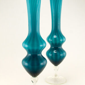 Hand-Blown Optic Cased Turquoise Glass Tall Mantel Vase Set