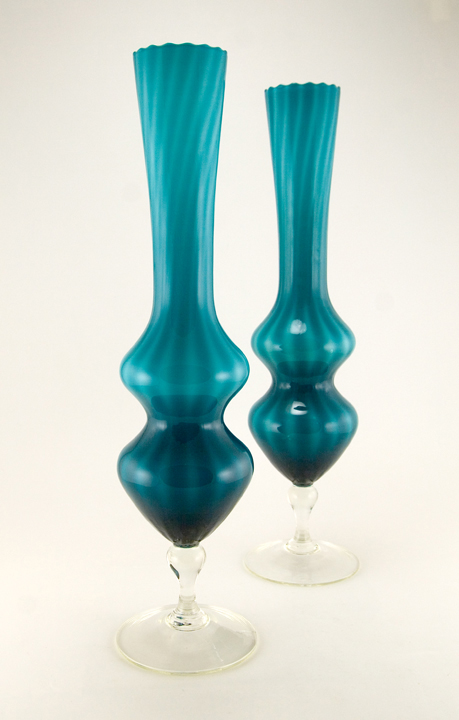 Hand-Blown Optic Cased Turquoise Glass Tall Mantel Vase Set