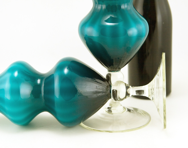 Hand-Blown Optic Cased Turquoise Glass Tall Mantel Vase Set - Image 3