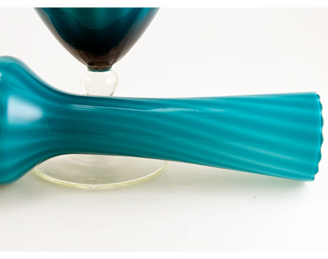 Hand-Blown Optic Cased Turquoise Glass Tall Mantel Vase Set - Image 2