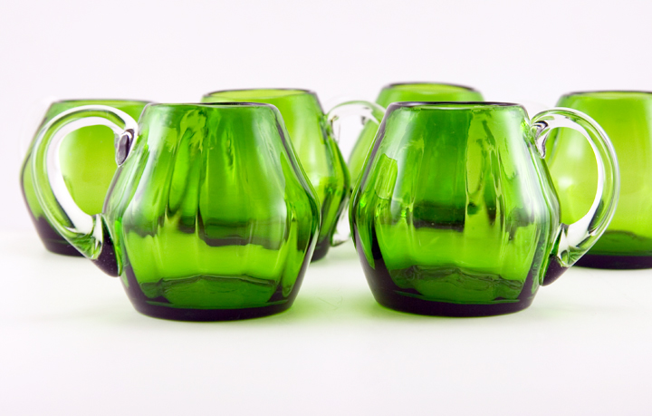 Handblown Art Deco Emerald Glass Mug Set of 6
