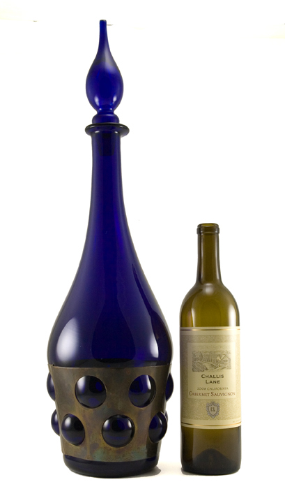 Huge Blown Caged Glass Decanter and Four Goblets