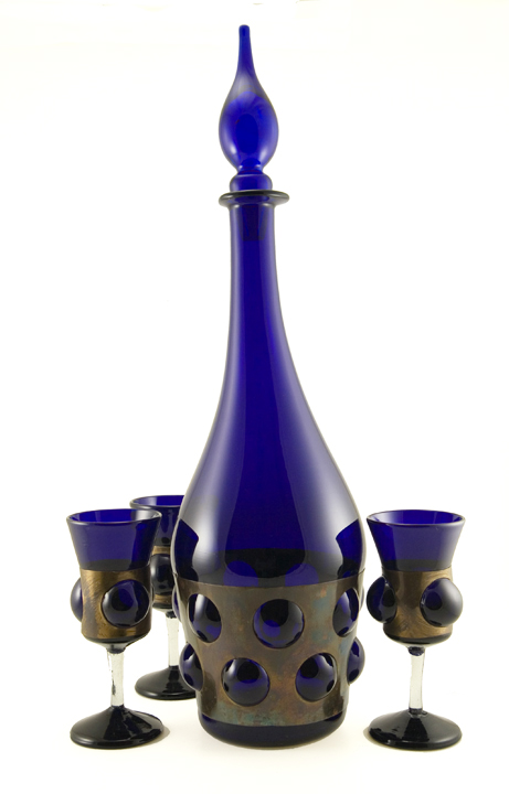 Huge Blown Caged Glass Decanter and Four Goblets - Image 3